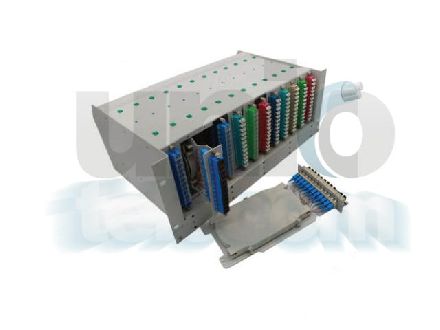 4U (3U+1U) optikai rendező gyűrűs panellel 144 szálig töltve 12 SC/APC kompakt modullal